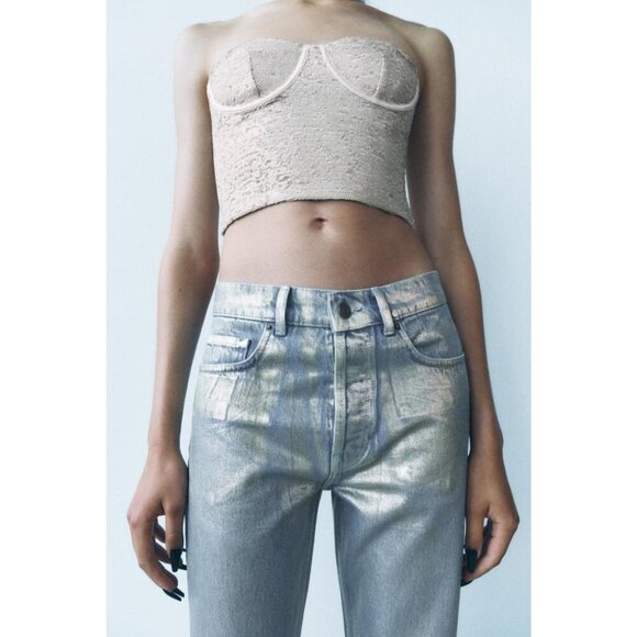 NWOT Zara champagne ecru sequin embellished corset crop top, XS, S, M, or L - Picture 2 of 16